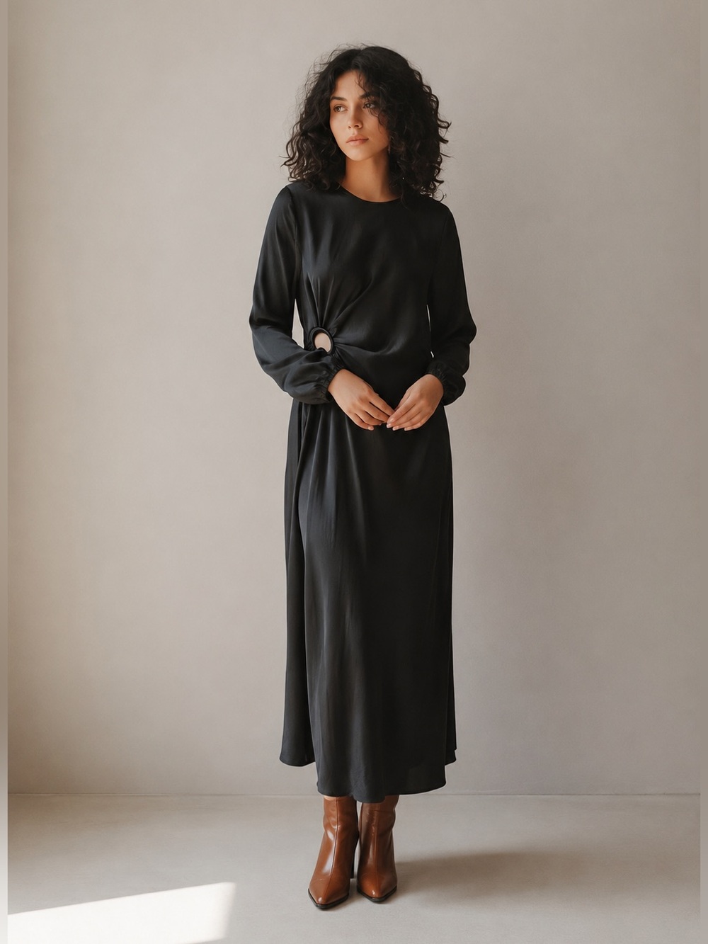 House of Harlow 1960 Black Satin Long Sleeve Dress